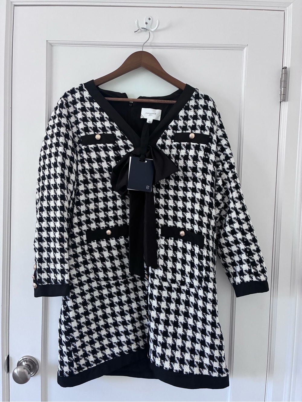 Pomander Place Black and White Houndstooth Bow-Front Dress